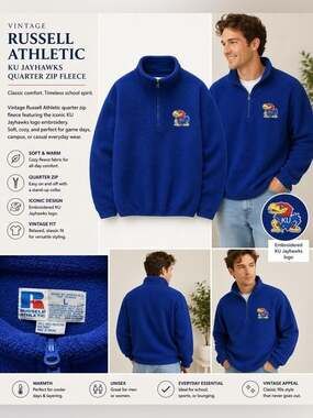 Russell Athletic KU Jayhawks Quarter Zip Fleece Men’s L Blue